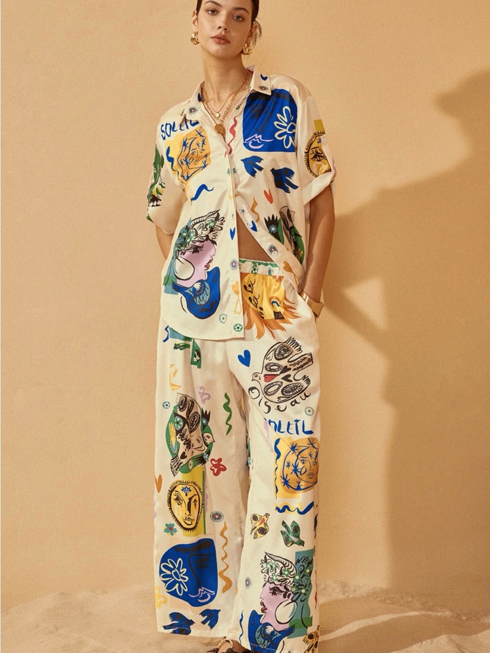 Commense Satin Graffiti Lapel Pants Set size XS